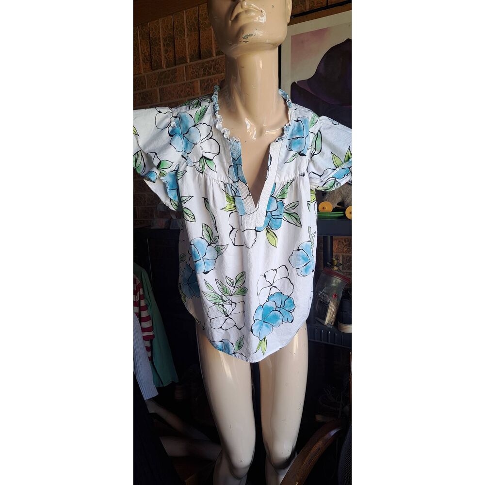 Marc New York Andrew Marc Floral Blouse Women’s Large Cotton Ruffle Neck Blue Wh